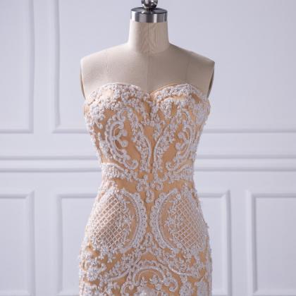 Champagne Strapless Sweetheart Lace Appliqués..