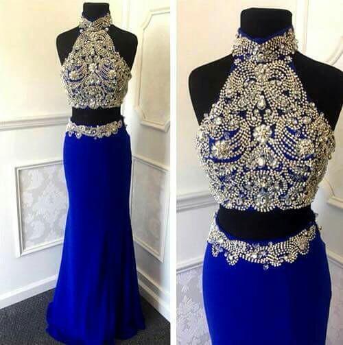 Blue and gold clearance two piece prom dress