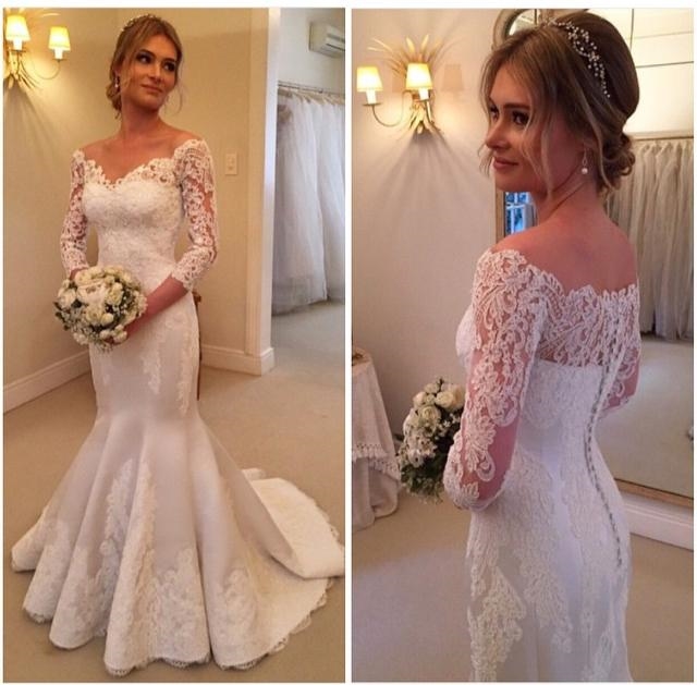 Vintage Wedding Dresses 3 4 Length Sleeves Off the Shoulders