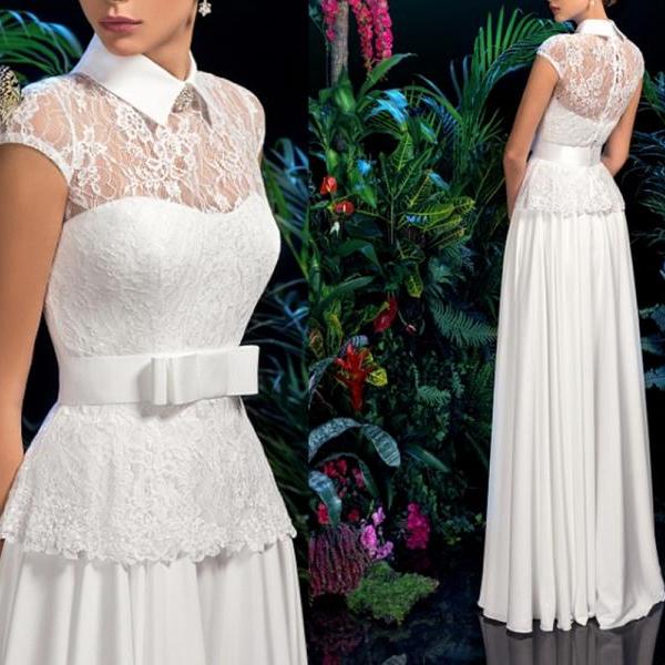 Lace Collared Neck Short Sleeves Floor Length A-line Satin Wedding ...